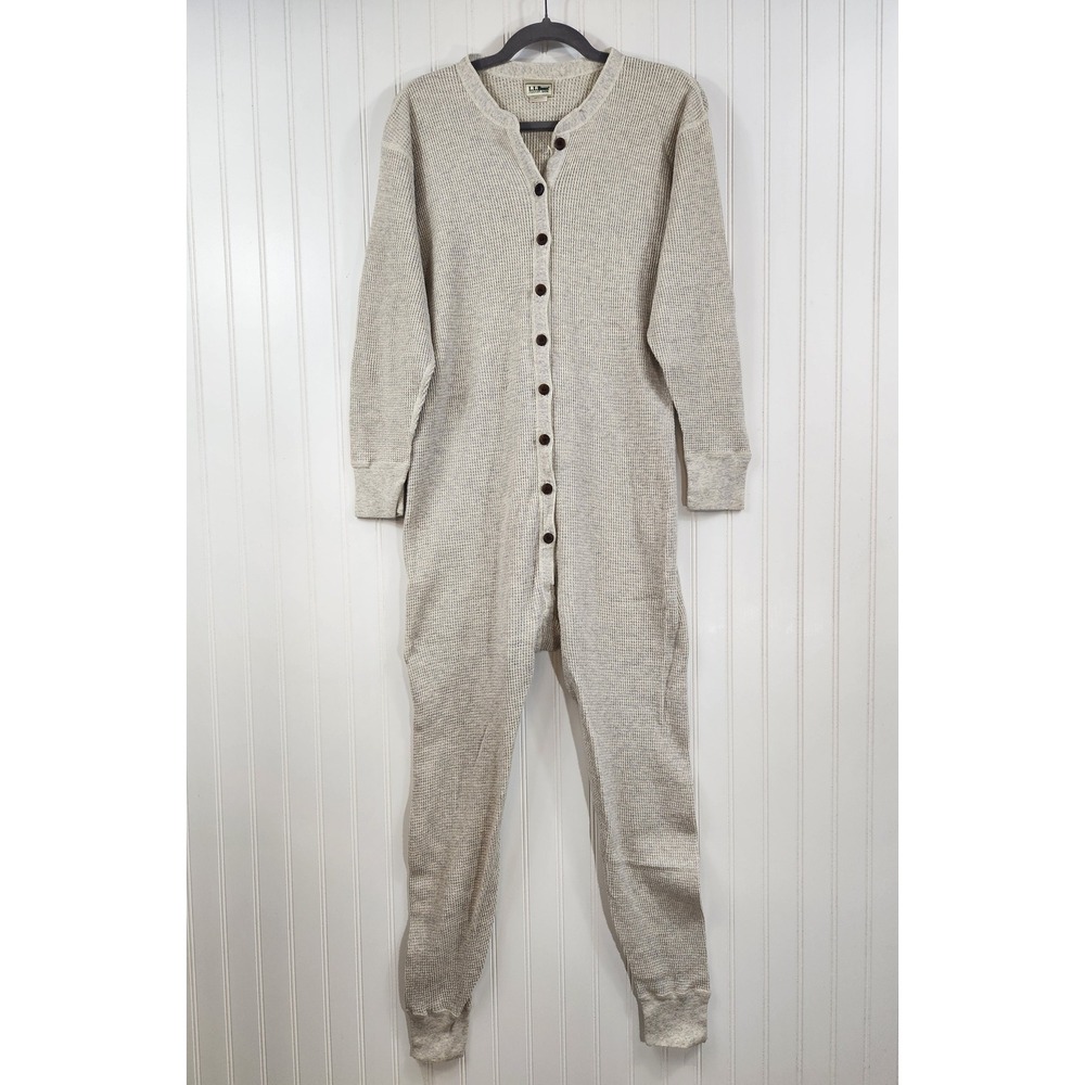 Vintage LL Bean Women's Oatmeal Thermal Cotton Union Suit 1 Pc Long John Size M